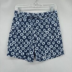 Garnet Hill Shorts Womens XS Blue White Linen Drawstring Pocket Floral Pattern